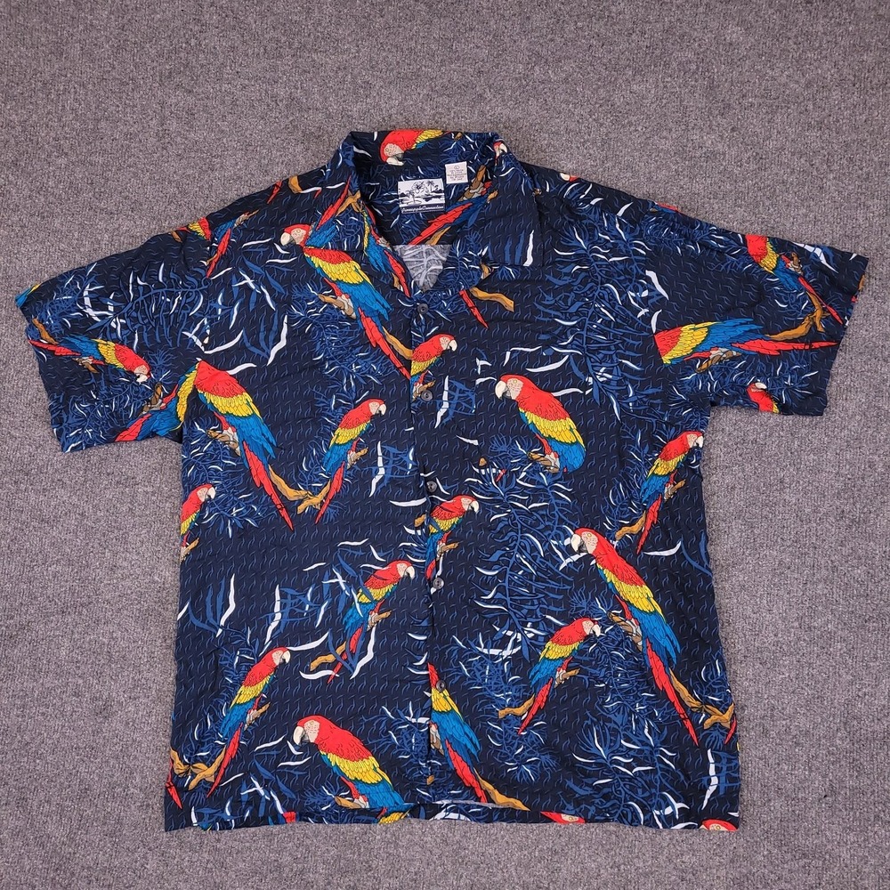 Pineapple Connection Men's Casual Button-Down Shirt L Navy Multi Rayon Parrot